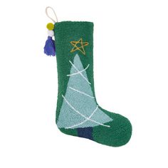 a green christmas stocking with a tree and star on the top, hanging from a string