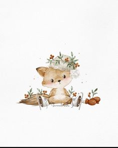 a watercolor painting of a little fox wearing a hat and holding a wrench