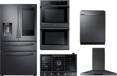 an assortment of kitchen appliances including stove, microwave and refrigerators are shown in this image