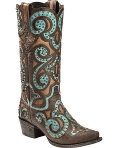 Lane Womens Paulina Western Fashion Boots, Brown/turq Western Turquoise Boots For Fall, Western Turquoise Boots With Patina, Turquoise Western Boots With Patina, Turquoise Patina Boots With Round Toe, Turquoise Leather Boots For Western-themed Events, Turquoise Leather Western Boots, Brown Patina Boots For Fall, Brown Boots With Patina For Fall, Lane Boots