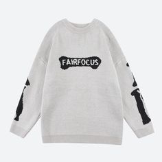 Stand out in this men's grunge sweater, showcasing a striking skeleton design on the back and sleeves. The bone and text print detail on the chest add an extra edge, making it perfect for those who love streetwear with a unique, cool, and casual style. Grunge aesthetic Skeleton design at back & sleeves Bone & text print detail at chest Text detail: fairfocus Drop shoulder Crew neck Long sleeve Polyester Order 1 size larger to be oversized Oversized Grunge Sweater For Fall, Fall Streetwear Sweater With Ribbed Cuffs, Relaxed Fit Winter Streetwear Sweater, Winter Grunge Crew Neck Sweater, Alternative Winter Sweater, Grunge Crew Neck Sweater For Winter, Urban Letter Print Sweater For Winter, Winter Streetwear Sweater With Ribbed Cuffs, Crew Neck Winter Streetwear Sweater