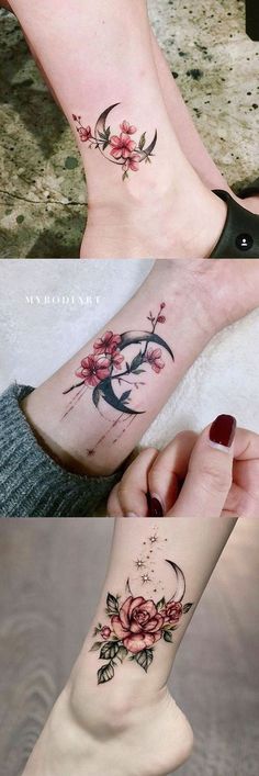 two women's feet with tattoos on them, one has a tree and the other has flowers