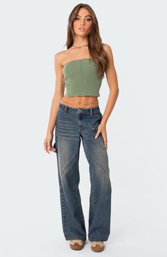 A more minimalist take on the utility trend, these nonstretch carpenter jeans feature a low-rise waist, full-length legs and a cool paneled construction. 100% cotton Machine wash, dry flat Imported Green Tube Top, Tube Top Outfits, Swimwear Dress, Lace Patchwork, Cropped Tube Top, Carpenter Jeans, Low Rise Jeans, Mixing Fabrics, Cool Fabric