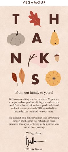 a thank card with an image of leaves and acorns on the front, and words that say thank thanks from our family to your