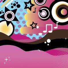 an abstract background with music notes, stars and circles in pinks and purples