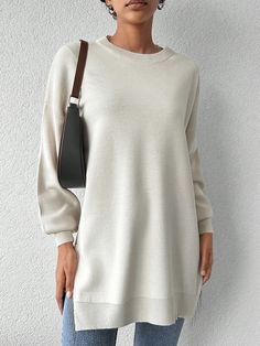 Drop Shoulder Split Hem Sweater Beige Casual  Long Sleeve Knitted Fabric Plain Pullovers Slight Stretch  Women Clothing, size features are:Bust: ,Length: ,Sleeve Length: Beige Pullover, Hem Sweater, Lightweight Cardigan, Beige Sweater, Split Hem, Maternity Bag, Long Sleeve Knit, Knitwear Women, Womens Fashion Casual