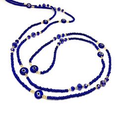 Evil Eye Waist Beads Royal Blue Belly Bead Beaded Waist - Etsy Blue Beaded Glasses Chains, Blue Glasses Chains With Round Beaded Chain, Blue Beaded Chain Glasses Chains With Round Beads, Blue Beaded Lariat Necklace With Beaded Chain, Blue Glasses Chain With Colorful Beads As Gift, Spiritual Blue Beaded Chain, Blue Glasses Chain With Colorful Beads For Gift, Blue Glasses Chains With Colorful Beads As Gift, Blue Glasses Chains With Colorful Beads For Gift