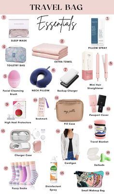 the ultimate travel bag essentials for women in pink and white, including toiletries, makeup