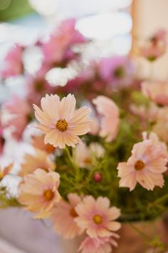 pink flowers are in a vase on a table