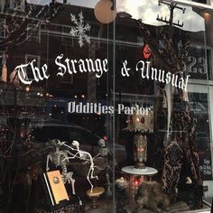 the strange and unusual antiques parlor window display