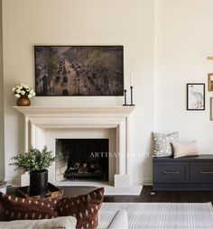 Shelf Modern Bolection Cast Stone Fireplace Mantel Surround by Artisan Kraft. Shop our link below for more modern fireplace mantels. Photo and design by Park & Oak. Shelf Modern