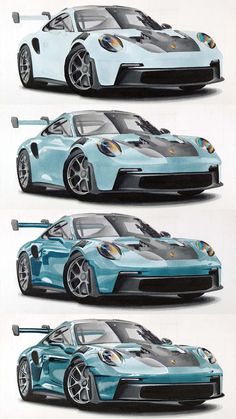 four different views of a blue sports car in three separate stages, each showing the front and rear wheel drive