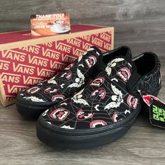 Vans Classic Slip-On Glow Frights Black Glow In The Dark Men's Nwb. Condition Is New With Box. Box May Have Slight Damage. Please Note Shoes May Have Slight Cosmetic Marks/Blemishes Or Shelf Wear. Shoes Are New, But May Not Be In Absolute Perfect Condition. Size 10.5: This Pair Has A Creased "Glow In The Dark" Tag Black Synthetic Vans Sneakers, Vans Fade-resistant Streetwear Sneakers, Vans Fade-resistant Sneakers For Streetwear, Black Low-top Sneakers For Halloween, Casual Halloween Skateboarding Sneakers, Vans Canvas Shoes, Vans Checkerboard Slip On, Vintage Skate, Vans Checkerboard