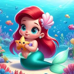 the little mermaid is holding a starfish in her hand