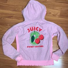 Original Juicy Couture Size Large Cherry Hoodie *No Zipper Pull* Lettuce Edge Hems Ls3 Juicy Couture Zip Up Outfit, Juicy Hoodie, Pink And Green Juicy Couture, Vintage Juicy Couture Tracksuit Pink, Pink Juicy Couture Hoodie, Juicy Couture, Pink Grey, Sweatshirts Hoodie, Womens Tops