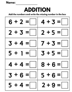 addition worksheet with numbers to 10 and the missing number in the box on it