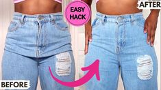 the before and after pictures show how to make ripped jeans look like they have been worn