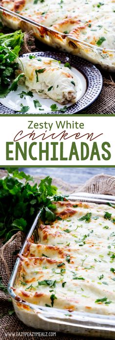 an enchiladas dish with cheese and parsley on the side, in a casserole dish