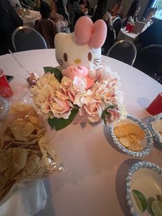 a table topped with plates filled with food and a hello kitty statue on top of it