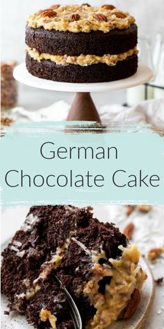 german chocolate cake on a white plate with a fork in it and the title overlay reads, german chocolate cake