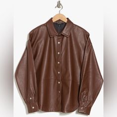 29" Length Front Snap Placket Spread Collar 100% Polyester With Polyurethane Coating Hand Wash, Line Dry Medium=8-10 Shirt Jacket Womens, Jeans Outfit Spring, Leather Button Up, Spring Jeans, Brown Shirt, Leather Shirt, By Malene Birger, Dark Brown Leather, Shirts Blouses