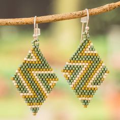 a pair of beaded earrings hanging from a tree branch