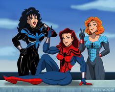 three women dressed as spider - man and black widow