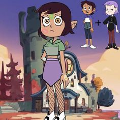 the cartoon character is standing in front of an old house with two other characters behind her