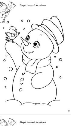 a coloring page with an image of a snowman holding a bird in it's hand