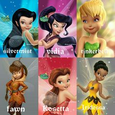 the four fairy princesses from disney's tinkerbells are shown in different colors