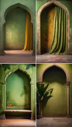 four different views of a room with green walls and yellow drapes on the windows