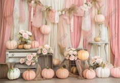 Pumpkin Flowers Baby Pink Drapes Backdrop - Gatsby Backdrop Dessert Booth, Drapes Backdrop, Pink Drapes, Sprinkle Decor, Pumpkin Patch Birthday Party, Booth Display Ideas Diy, Happy Half Birthday, Pink Pumpkin Baby Shower