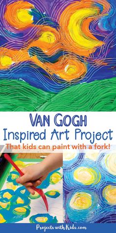 Kids painting idea, painting with a fork Van Gogh Art Projects, Texture Art Projects, Art Project For Kids, Van Gogh Inspired, Project For Kids, Elementary Art Projects, Van Gogh Art, Homeschool Art