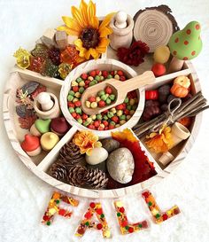 a wooden tray filled with lots of different types of candy and candies next to the word fall