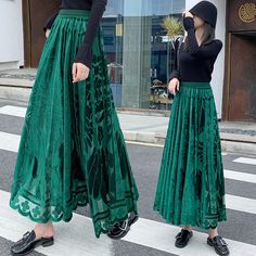 Olivia Mark - Pleated Velvet A-line Skirt with Embossed Floral Pattern and Umbrella Hem Elegant Umbrella, Flare Maxi Skirt, Fashion Umbrella, Elegant Drapes, Pleated Maxi Skirt, Half Skirt, Long Maxi Skirts, Empire Dress, Pleated Maxi