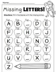 the missing letters worksheet is shown with an apple, pencil and letter j