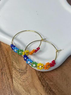 Pride Rainbow Daisy Hope Earrings 🏳️🌈 silver plated or gold plated hoops (30 mm) Metal Hoop Earrings With Colorful Beads As Gift, Rainbow Hoop Earrings With Ear Wire As Gift, Rainbow Hoop Earrings With Ear Wire For Gift, Hypoallergenic Rainbow Hoop Earrings As Gift, Rainbow Beaded Small Hoop Earrings For Gift, Rainbow Hoop Earrings With Ear Wire, Adjustable Rainbow Hoop Earrings With Ear Wire, Handmade Rainbow Hoop Earrings, Rainbow Beaded Dangle Hoop Earrings