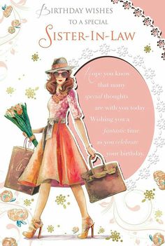 a birthday card for a sister in law with a watercolor illustration of a woman carrying luggage