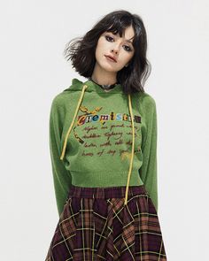 This preppy cropped hoodie in green features a cute 'Chemistry' print, ruffled collar details, and a knit construction Size:• S: Bust: 96cm/ 37.8 in, Length: 39cm/ 15.4 in, Sleeves: 61cm/ 24.0 in • M: Bust: 100cm/ 39.4 in, Length: 40cm/ 15.7 in, Sleeves: 62cm/ 24.4 in • L: Bust: 104cm/ 40.9 in, Length: 41cm/ 16.1 in, Sleeves: 63cm/ 24.8 inMaterial: Polyester Cropped Winter Sweater With Drawstring Hood, Green Y2k Style Winter Sweater, Casual Hooded Cropped Sweater For Winter, Trendy Knit Hoodie For Spring, Spring Streetwear Cropped Hooded Sweater, Hooded Cropped Sweater For Streetwear In Spring, Hooded Cropped Sweater For Spring Streetwear, Trendy Hooded Cropped Cotton Sweater, Green Spring Sweater For Streetwear