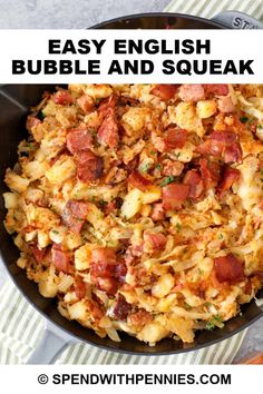 an easy english bubble and squeak recipe in a skillet with text overlay