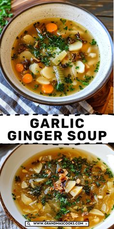 two pictures of garlic and ginger soup with carrots, parsley in a white bowl