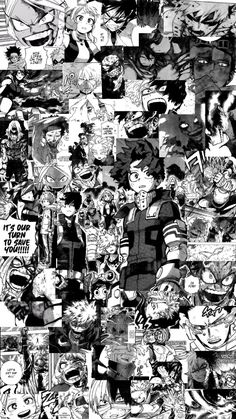 a collage of anime characters with black and white images in the middle, all over them