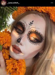 Orange Catrina Makeup, Mexican Makeup, Beautiful Halloween Makeup, Horror Make-up