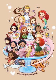 disney princesses and their families on top of a cake with the characters in it