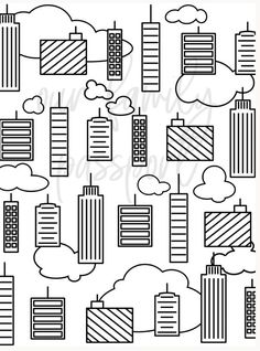 a black and white drawing of city buildings with clouds in the sky, on a white background