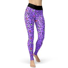 Our Violet Colorful Cheetah Yoga Leggings feature a fun animal print in a vibrant color. Whether for loungewear, workouts, running or yoga, these leggings are sure to motivate you and make you feel great. The sturdy fabric feels like a second skin and sculpts to your body for a perfect fit. Our super-stretchy fabric moves with your body for any use, active to lounge, swimming to the gym. Comfort, lasting softness, breathability, and a material with a lovely, light feel on the skin.  The premium materials provide maximum comfort and protection during every pose, workout, or activity. The soft, smooth, low-friction fabric ensures good elasticity, so you can move freely and avoid awkward moments--perfect for yoga, exercise, fitness, or everyday use. Are you prepared to set new fitness goals w Playful Fitted Workout Bottoms, Playful Stretch Workout Leggings, Stretch Leopard Print Yoga Bottoms, Playful Fitted Purple Bottoms, Playful Multicolor Fitted Tights, Playful Fitted Multicolor Tights, Playful Multicolor Stretch Leggings, Workouts Running, Designer Leggings