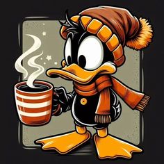 a cartoon duck wearing a hat and scarf holding a cup of coffee with steam coming out of it