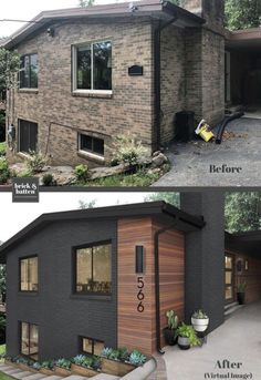 before and after photos of a brick house with wood sidings on the side, and in the front