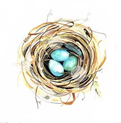 watercolor painting of three eggs in a bird's nest