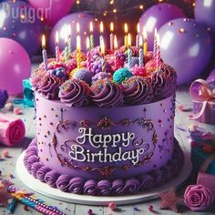 a birthday cake with purple frosting and lots of candles on it, surrounded by balloons